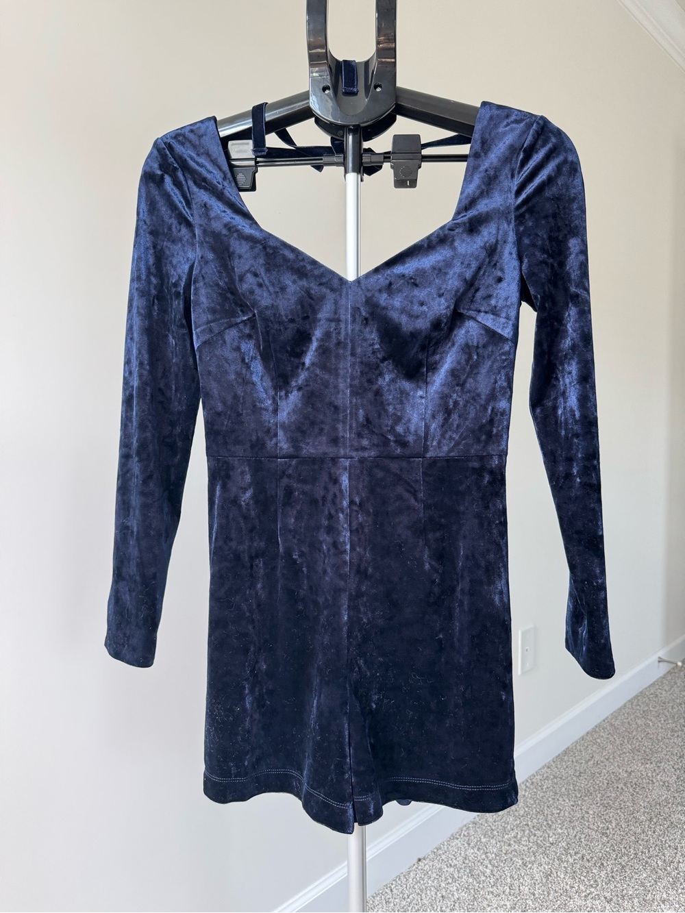 Bebe Style Navy Velvet Long Sleeve Romper | Y2K Glam Mini Playsuit | Open Back T - Picture 2 of 11